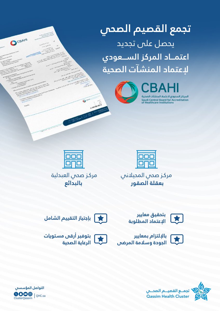 ClusterQassim's tweet photo. #اعتماد |

جدّد #تجمع_القصيم_الصحي اعتماد المركز السعودي لاعتماد المنشآت الصحية (CBAHI) لمركزي المحيلاني بعقلة الصقور والعبدلية بالبدائع، بعد اجتيازهما التقييم الشامل واستيفائهما جميع متطلبات الاعتماد، وذلك تأكيدًا على جاهزيتهما لتقديم خدمات صحية آمنة وفق أعلى المعايير الوطنية المعتمدة.