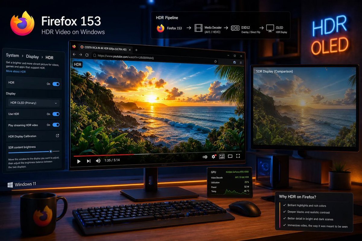 windowsforum's tweet photo. 🦊 Firefox 153 finally brings native HDR video to Windows 10/11. Brighter highlights, richer color—and only years after Chromium. Mozilla didn’t miss the train; it waited for the rerun.
https://t.co/IejGv6vHOO
#MozillaFirefox #HdrVideo #Firefox153 #WindowsHdr https://t.co/Vc5LnITm3w