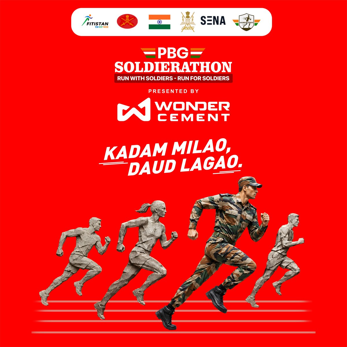 wondercement's tweet photo. Wonder Cement presents PBG Soldierathon, a movement that unites civilians and soldiers in gratitude while supporting the recovery and welfare of our injured soldiers.

📍Venue: Delhi Army Cantonment
📅 Date: Sunday, 2nd Aug 2026
⏰ Flag Off Time: 6:00 AM onwards https://t.co/KBkHBCadS6