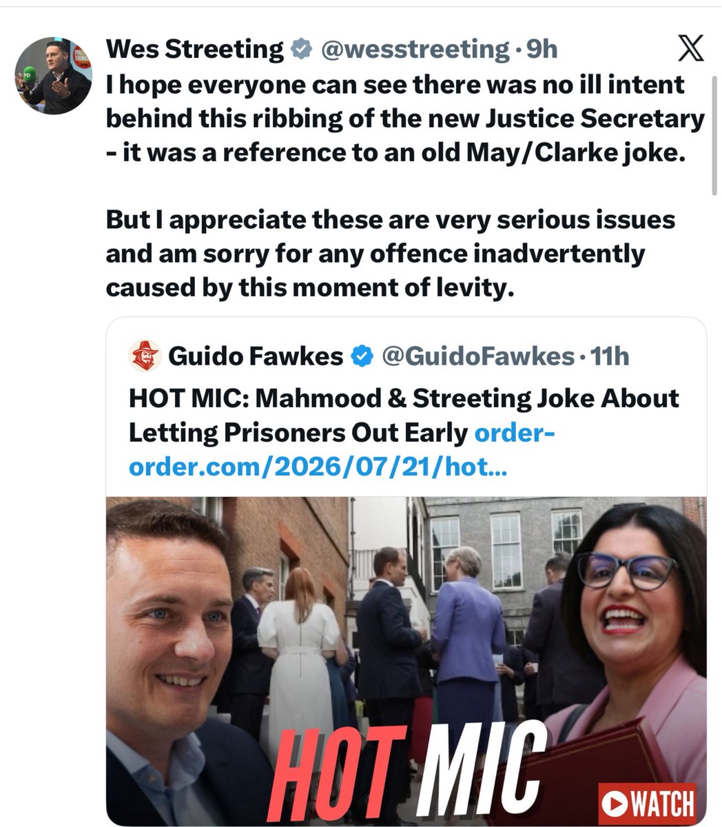 Banksycat's tweet photo. DISGUSTING AND SHAME on every single one of them.

Two ministers, Wes Streeting and Shabana Mahmood, were filmed LAUGHING about letting criminals out early. Here’s what “letting them out” actually MEANS and PC Andrew Harper is only ONE of them.

PC Andrew Harper. 28. Weeks married. Days from his HONEYMOON. He answered a call about a stolen quad bike, got caught in a strap on the back of their car, and was dragged a MILE down a country road. His injuries so horrific he was barely left with the clothes on his body.

Those are the men now walking FREE. Albert Bowers and Jessie Cole. Thirteen years for his manslaughter. Out at the halfway point. SEVEN years for a life.

After he died, the Conservatives passed Harper's Law. Mandatory life for killing an emergency worker. But it came too late to touch his own killers.

So now, under Labour's early release scheme, the men who dragged him to his death walk out the gate. The ministers behind it were caught on camera LAUGHING about exactly this.

How did they answer for it? She didn’t even say sorry. She turned it into political point-scoring, blaming the Conservatives, over a police officer’s killers walking free. Streeting managed a “sorry,” but only for the offence caused, never for what they did. Neither said sorry to Andrew’s mother. Neither said sorry to one victim. They’re not sorry they laughed. They’re sorry they got caught. It’s DISGUSTING.

His mother, Debbie, just got the letter. The one telling her it “may be difficult.”

Her words. “It makes me feel sick. Andrew's life doesn't get to come back. It feels like a slap in the face and an insult.”An insult, she said, beyond words.

They LAUGHED. She got the LETTER.

REMEBER, Andrew is ONE name. There are thousands more. Thousands of families about to get that same letter, while the people who run this country treat the justice system like a PUNCHLINE.

They’ve shown you exactly what they think of you. Of victims. Of the law itself. A JOKE, shared in a huddle, when they thought no one was filming.
They are not fit for office. Not one of them.

Resign. Or be SACKED. Because a government that laughs at this has no business running anything.
