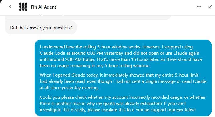 Lostarion's tweet photo. @AnthropicAI I stopped using Claude Code at 6:00 PM yesterday and didn't open it again until 9:30 AM today. My entire 5-hour limit was already exhausted before I sent a single prompt. Support only sent copy-paste replies and refused human support. https://t.co/Sy9ljHxRfD
