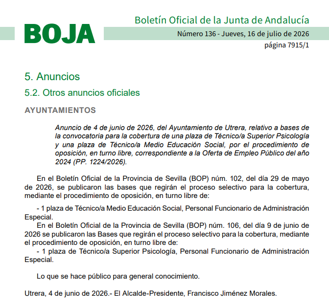 Seviempleo's tweet photo. 📍Anuncio del Ayto de @CiudadUtrera, de bases de convocatoria, oposición-turno libre, de 
1⃣ Técnico/a Superior Psicología
1⃣ Técnico/a Medio Educación Social 

vía BOJA [nº 136 de 16/07/2026] de @AndaluciaJunta
👉 https://t.co/JMtjJvf4FP

🗺️ #UtreraEmpleo #EmpleoPúblicoSE https://t.co/QtF7EbVExz