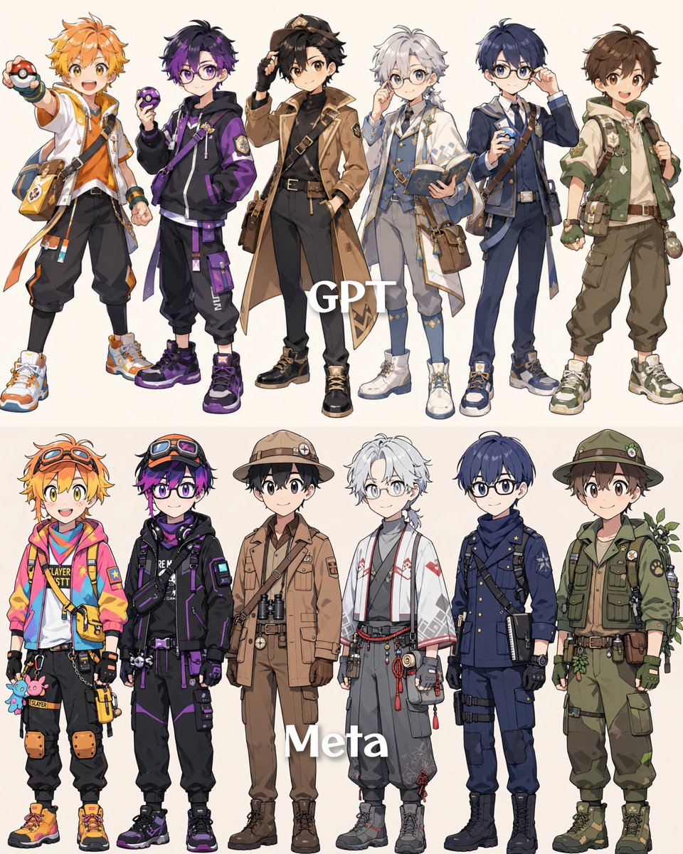 hakaba_hakisute's tweet photo. 同じプロンプト＋参考画像でChatGPTとMeta AIで画像作成させて比較してみた！
これ、Meta用にプロンプト書き直したら結構使えるかもなあとは感じる。
無線＋デフォルメ指定＋三面図
レトロポップ＋キス＋三面図
画風指定のみ
某モンスター育成RPG風プロンプト＋三面図

#4iラジオ https://t.co/g5XvfVSDOp
