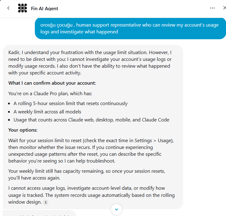 Lostarion's tweet photo. @AnthropicAI I understand how a rolling 5-hour window works. That's not the issue. More than 15 hours had passed since my last session, so there should have been no remaining usage. Instead of checking my account logs, support kept sending the same generic explanation. @claudeai https://t.co/HAhrImq6tv