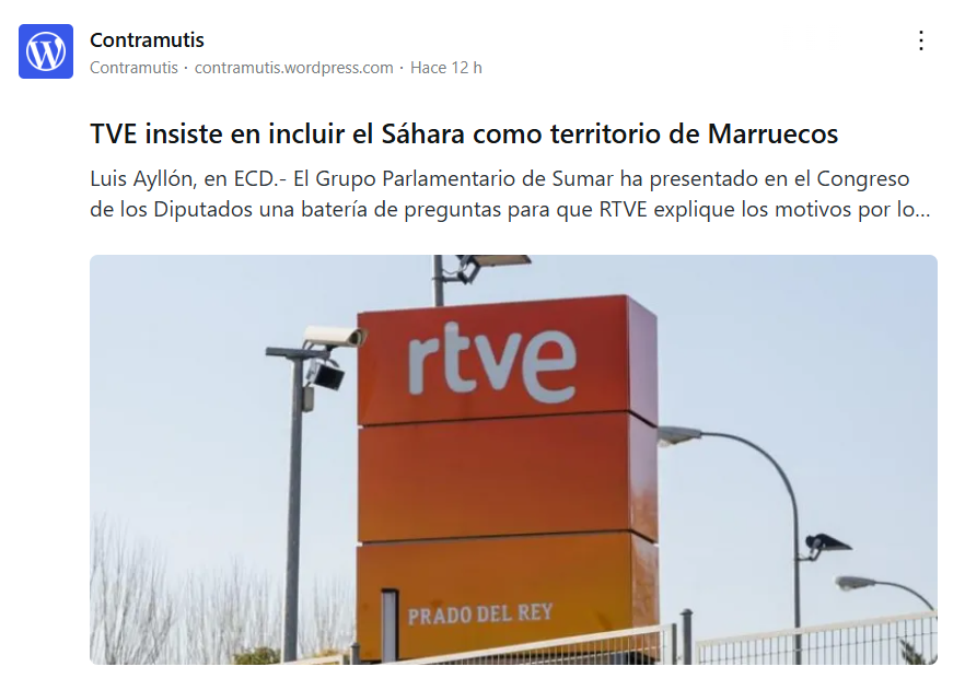 Sahara_1951's tweet photo. Sumar exige explicaciones a RTVE por incluir de nuevo el Sáhara Occidental en Marruecos
El Grupo Parlamentario de Sumar ha solicitado explicaciones a RTVE por mostrar un mapa del Sáhara Occidental como parte de Marruecos durante un programa del Mundial de Fútbol. Sumar pide aclarar quién tomó la decisión, las medidas para evitar futuras emisiones y defiende el derecho a un referéndum de autodeterminación para el Sáhara. https://t.co/Pvu2JLsi8m