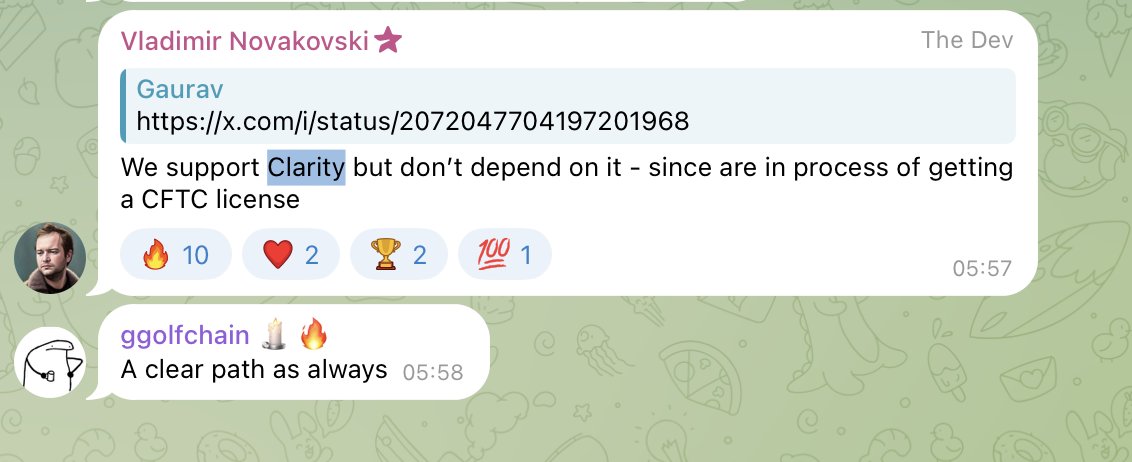 EvanCrypto17's tweet photo. 如果让我说《清晰法案》通过后，最利好的还真是 ethereum:0x232ce3bd40fcd6f80f3d55a522d03f25df784ee2 

加密货币如果被认定为商品，BTC、ETH、SOL 的投资逻辑依然没变，还是数字黄金和公链 gas

Defi 被 cftc 监管，不受 sec 骚扰，其实当下已经是了，aave、uni 都发布了被 sec 豁免或者和解的说明

RWA 上链，银行也能做，类似 Ondo、Sky 的业务，抵押发行代币、稳定币，要么合作，要么与 RWA 项目方抢生意

cftc 开启加密交易所和 Broker 注册，目前来看 hyperliquid 交易所暂时很难完成合规，因为 hype 毕竟在美国没有主体，但其下的各种 broker 和前端页面，还是很有机会，这对 HYPE 的利好有限

但 Ligher 不一样，Lighter 本身有 Elliot Technologies, Inc.这个美国本土公司，团队还透露正在申请 cftc 下的 dex 合规牌照，如果牌照下来，在《清晰法案》的框架下，Lighter 将会是第一家提供 Perp 的合规 DEX，在美国永续合约板块将与 Coinbase、Cryptocom、OKX 等 CEX 竞争。

类比一下就是：

Polymarket～～～hyperliquid
Kalshi～～～Lighter

那问题来了，如果《清晰法案》不通过怎么办？对此创始人 @vnovakovski 的回答是 —— 没事，我们的牌照和《清晰法案》关系有，但不大😂
