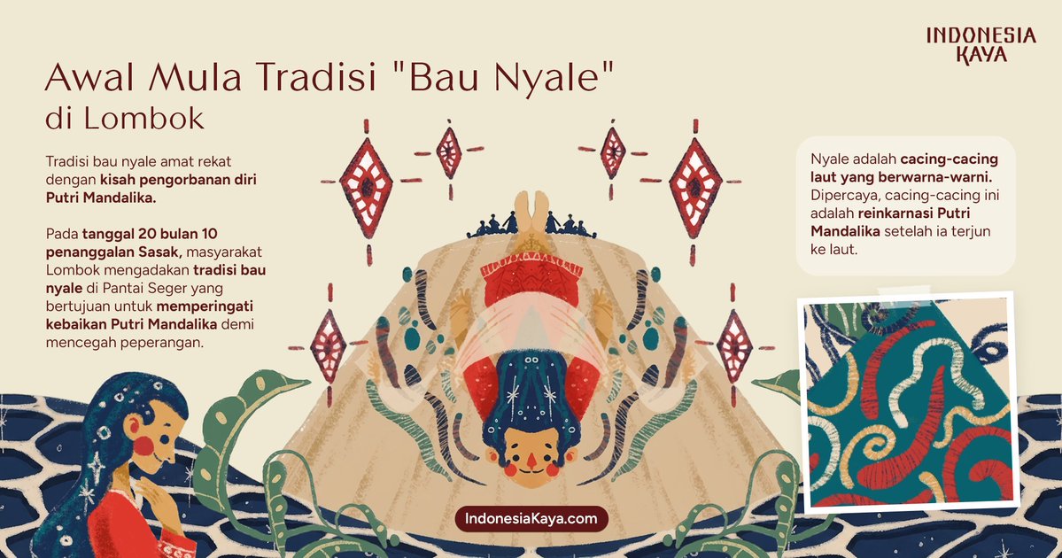 IndonesiaKaya's tweet photo. Upacara Nyale atau Bau Nyale di Lombok amat lekat dengan kisah Putri Mandalika.
Nama putri yang turut dijadikan nama sirkuit balapan ini menjadikannya simbol keberanian dan keteguhan sang putri demi rakyatnya.

Dalam upacara ini, masyarakat menangkap ratusan hingga ribuan cacing laut berwarna-warni (disebut nyale) yang dipercaya sebagai jelmaan sang putri.

Pada masanya, cacing-cacing tersebut dibawa pulang oleh warga untuk dimasak atau dijadikan bahan sehari-hari untuk memancing dan bercocok tanam, sesuai dengan keinginan akhir Sang Putri yang menginginkan kesejahteraan untuk rakyatnya.

#IndonesiaKaya