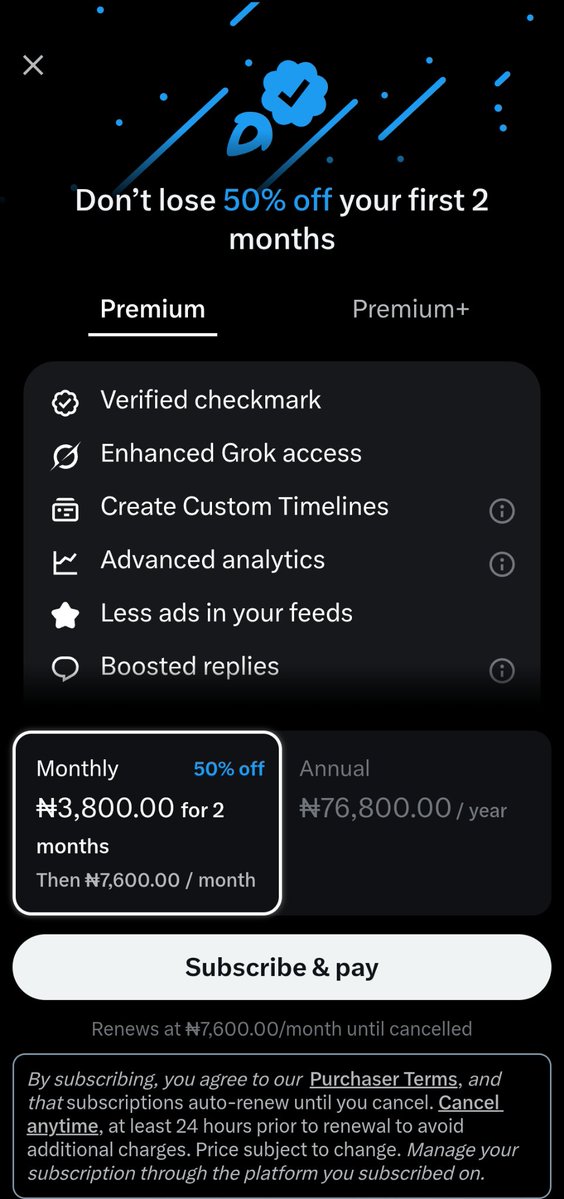 VerveCard's tweet photo. @cityking0001 X is giving me 50% discount for this blue tick matter😱
Paying 3800 for whopping 2 months is worth it but my verve card no gree work💔

Any other recommendation pls🫂 https://t.co/hRiFKx0vo8