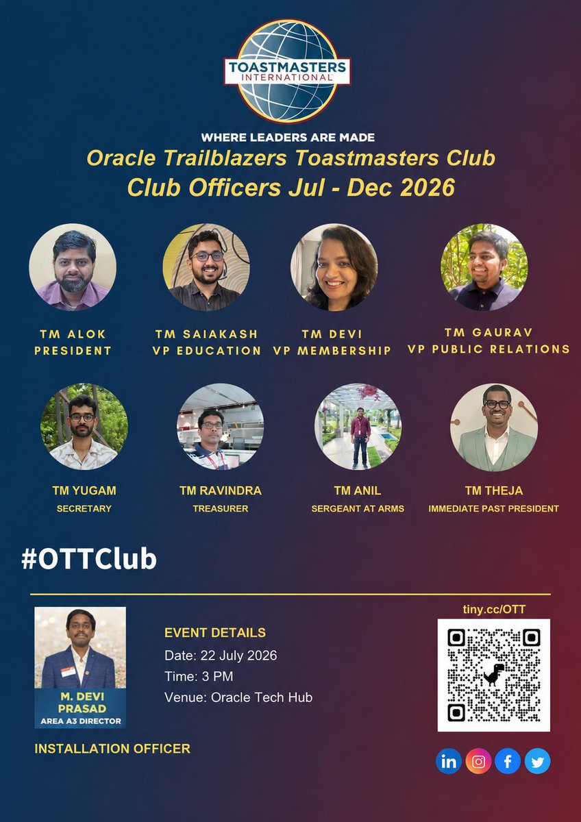 TrailblazersTM's tweet photo. A baton is ready to change hands 🎙️
Join us TODAY as our new ExCom (Jul–Dec 2026) takes the oath of office at Oracle Trailblazers Toastmasters!
🕒 3 PM IST | 📍 Oracle Tech Hub / Online
New roles, new ideas, same passion 👏
#Toastmasters #OracleTrailblazers #LeadershipInAction https://t.co/Ns9jrVdUME