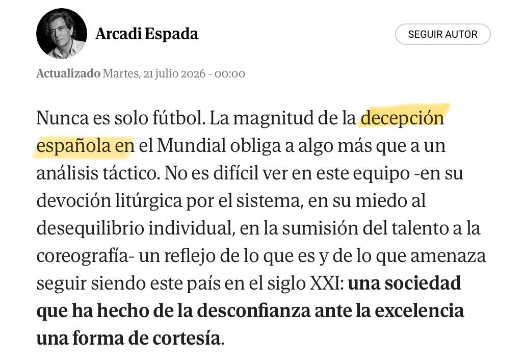 pasanospoco's tweet photo. ¿Qué es el periodismo español?
Pues Arcadi Espada dejando una columna escrita sobre la eliminación de España en el Mundial y El Mundo publicándola. https://t.co/bB44EpFPNu