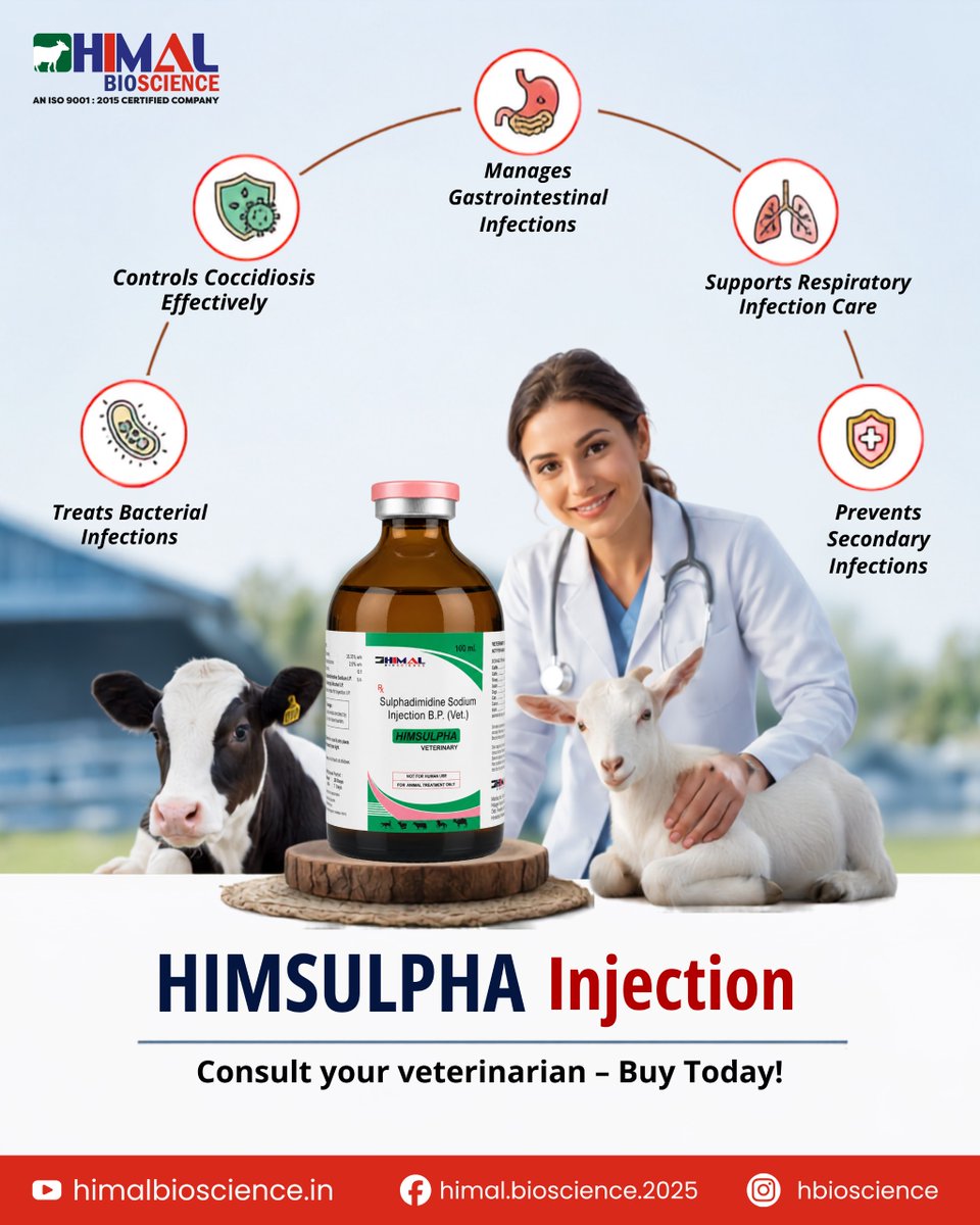 Himalbioscience's tweet photo. HIMSULPHA Injection — 5 fayde, 1 dose mein:

Bacterial infections treat kare 
GI infections manage kare

Abhi apne vet se baat karein!
Visit Us Now: https://t.co/LicHjOk5U9

#himalbioscience #himsulpha #veterinarycare #livestockhealth #animalcare #trends #dairyfarming https://t.co/dodOCmz0aU
