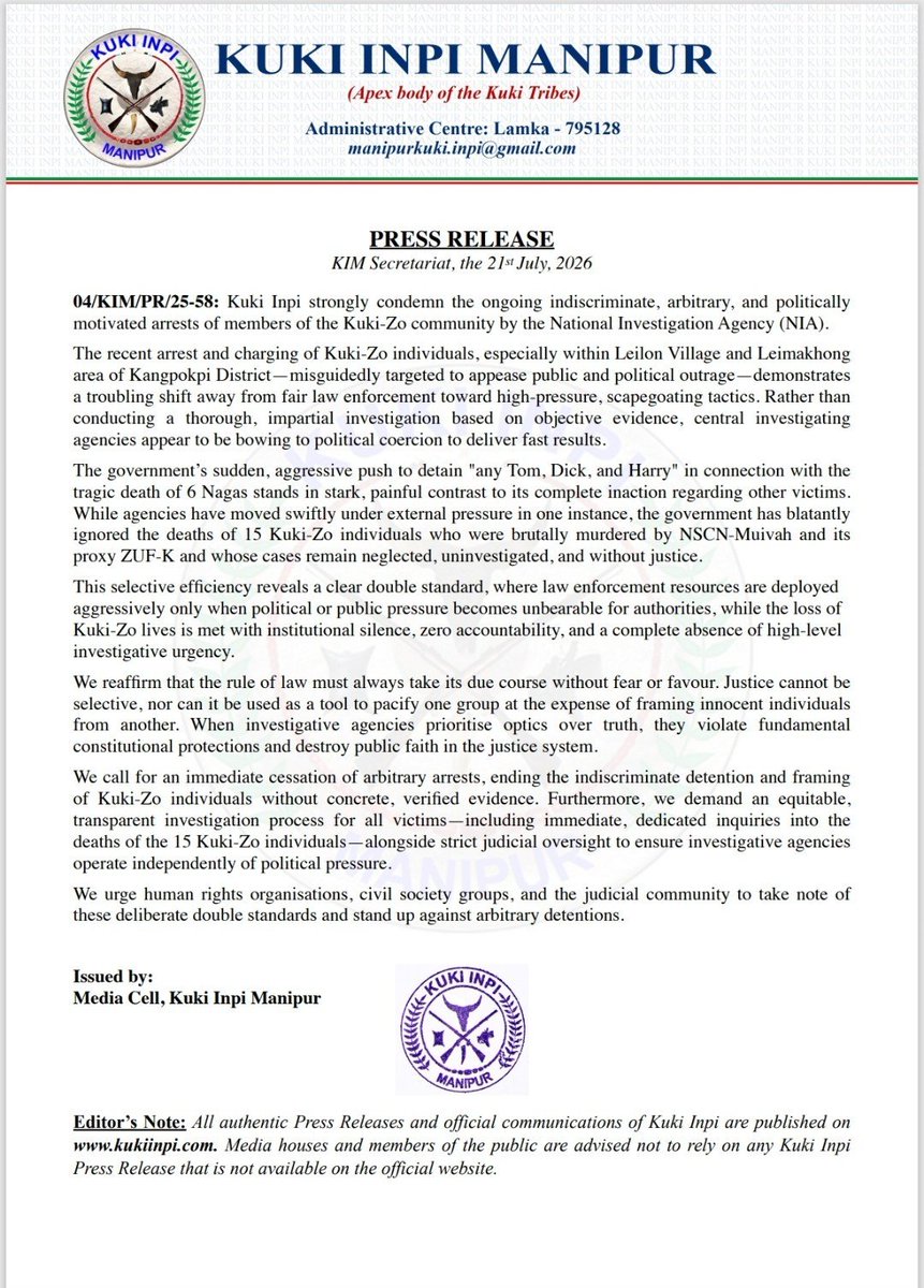 Sumkawn's tweet photo. Kuki Inpi Manipur states that the recent arrest of Kuki-Zo people from Leilon and Leimakhong over the killing of 6 Naga individuals is arbitrary, politically motivated, and a selective enforcement.
@PIBHomeAffairs @HMOIndia @NIA_India @ANI @PTI_News @IndiaTodayNE @the_hindu https://t.co/2MzzDdriXz