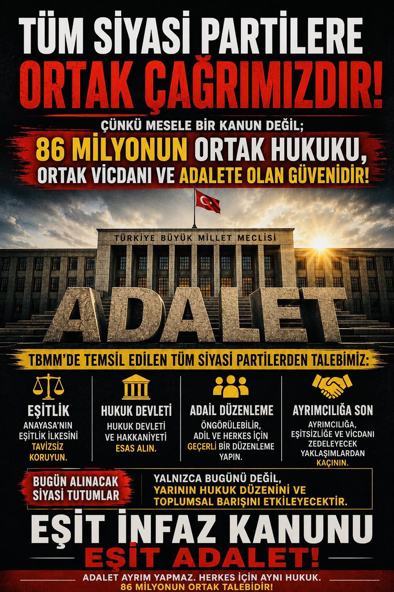 goncasans1's tweet photo. 🇹🇷 GELECEĞE GÜVEN
📜 Anayasa m.10
Eşitlik hukuk güvenliğinin temelidir.
📜 AİHS m.14
Haklarda ayrım olmaması esastır.
⚖️ Çerçeve yasa herkesi kapsayan kalıcı çözümler sunmalıdır.
🤝 86 milyon ortak hukukta buluşmalıdır.
✅ Eşit İnfaz Kanunu güven verir.
✅ Eşit Adalet geleceğe umut olur. @avsengulk