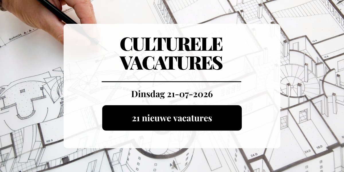 cultvacatures's tweet photo. Dinsdag 21-07-2026: eenentwintig (21) nieuwe vacatures en stages op Culturele vacatures ➡️ https://t.co/ROK8KjNdbo

#CultureleVacatures #Vacature #Vacatures #Stageplaats #Kunstsector #Cultuursector #Droombaan https://t.co/Zcj5APnzeY