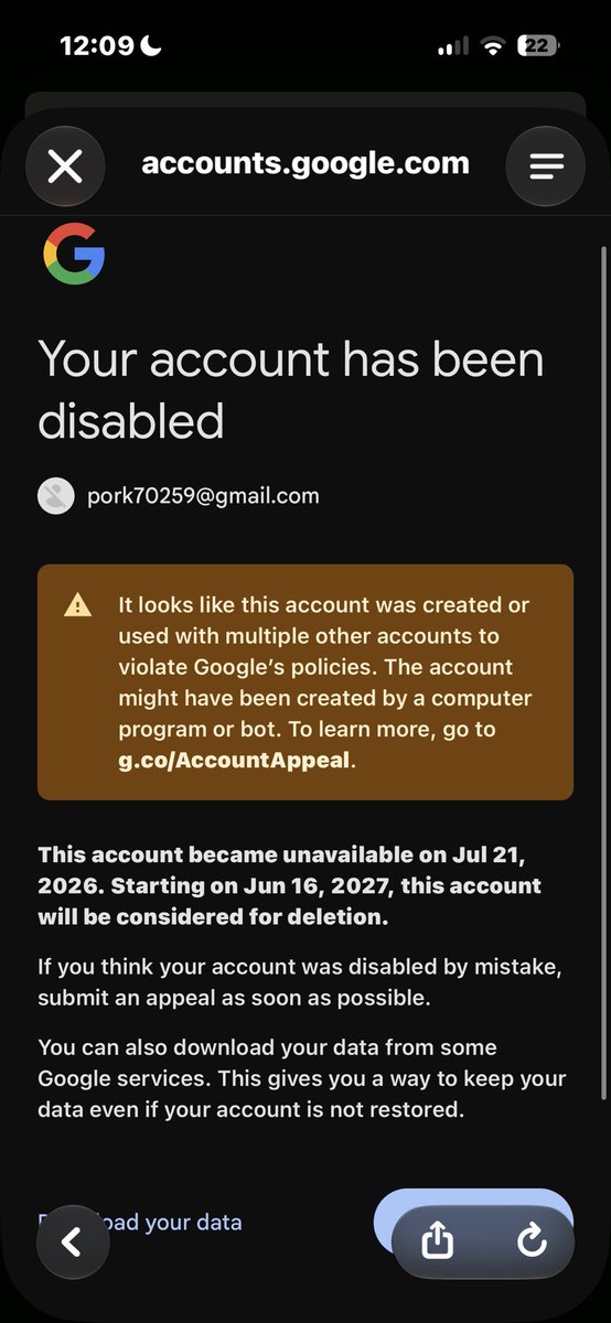 _lxrdkai_'s tweet photo. my other google account got falsely banned And well its funny that my ass got deleted at 5:03 at jul21 Am https://t.co/JX2kFDssnE