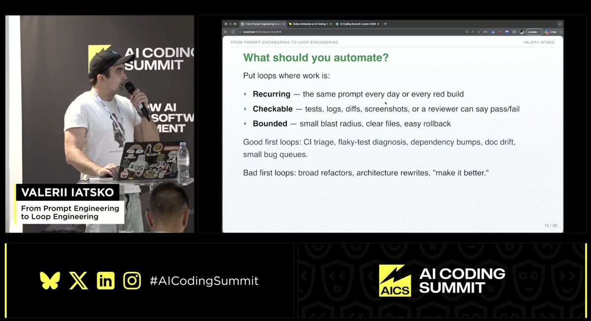 AICodingSummit's tweet photo. 🔁 Stop prompting. Start building the loop.
Valerii Iatsko shows how to move from one-off prompts to self-directed agent systems in "From Prompt Engineering to Loop Engineering."

Watch it → https://t.co/mWVnmg8kU3 https://t.co/1TC1bslvXY