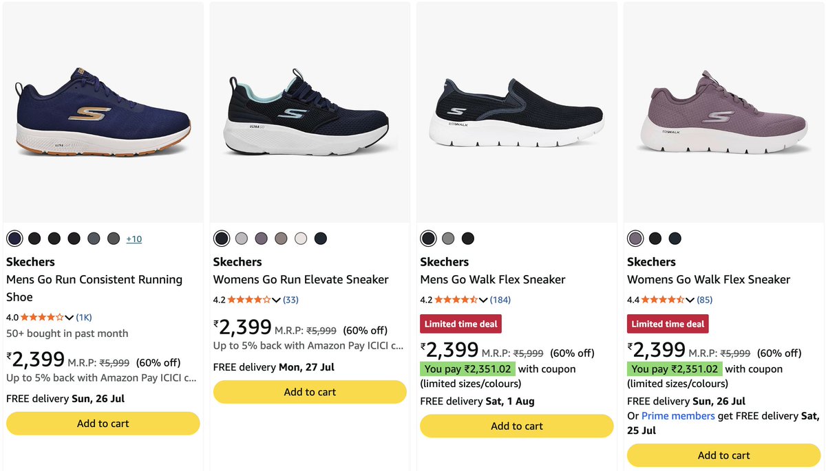 desi_dime's tweet photo. Skechers Go Run &amp; Go Walk at ₹2,399. MRP: ₹5,999.

60% off — and unlike most "sale" pricing, ₹2,399 for Skechers is a real price, not inflated MRP math.

For extra 5% cashback pay via Amazon ICICI card.

Men's + women's styles, both in stock. Amazon's "Limited time deal"