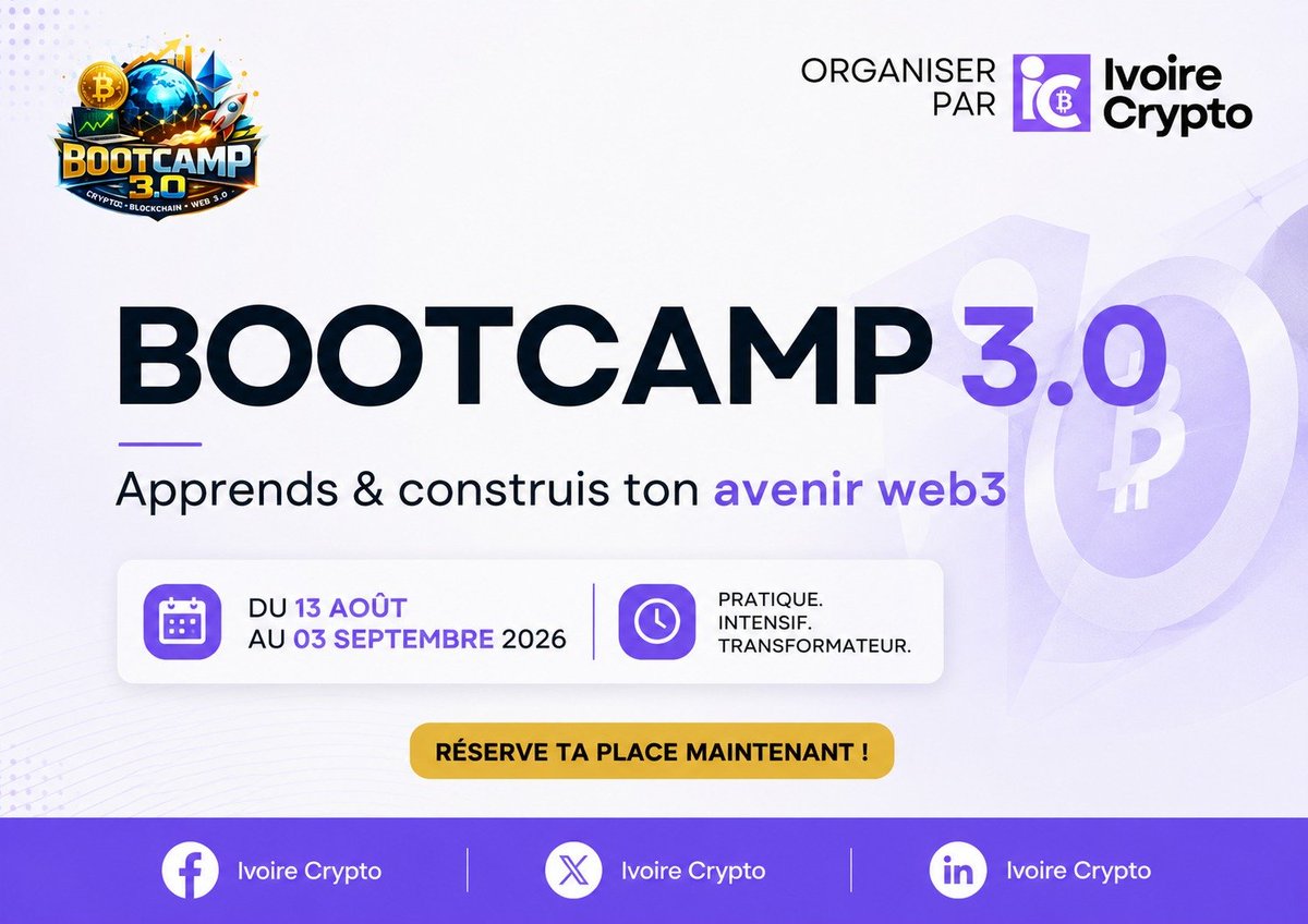 IvoireCrypto's tweet photo. Les bonnes choses prennent du temps et le #BootCamp30 en fait partie. 

🚀 C'est officiel !
📅 Du 13 août au 03 septembre 2026  💻 Formation gratuit et 100 % en ligne

Apprenez les bases de la #Blockchain, des #Cryptomonnaies et du #Web3 avec @IvoireCrypto . https://t.co/gFtIuftOS6