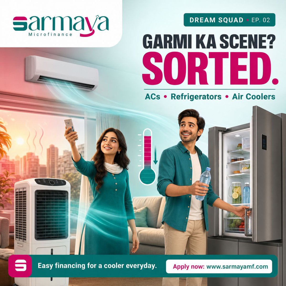 sarmayamf's tweet photo. Garmi ka scene? Dream Squad ne sorted kar diya! ❄️💚

ACs, refrigerators aur air coolers—ab apni everyday comfort ko Sarmaya ki easy financing ke saath upgrade karein.

Apply now: https://t.co/fRMitbBzxJ

#SarmayaMicrofinance #DreamSquad #EasyFinancing #SummerSorted https://t.co/aa5CqSXczD
