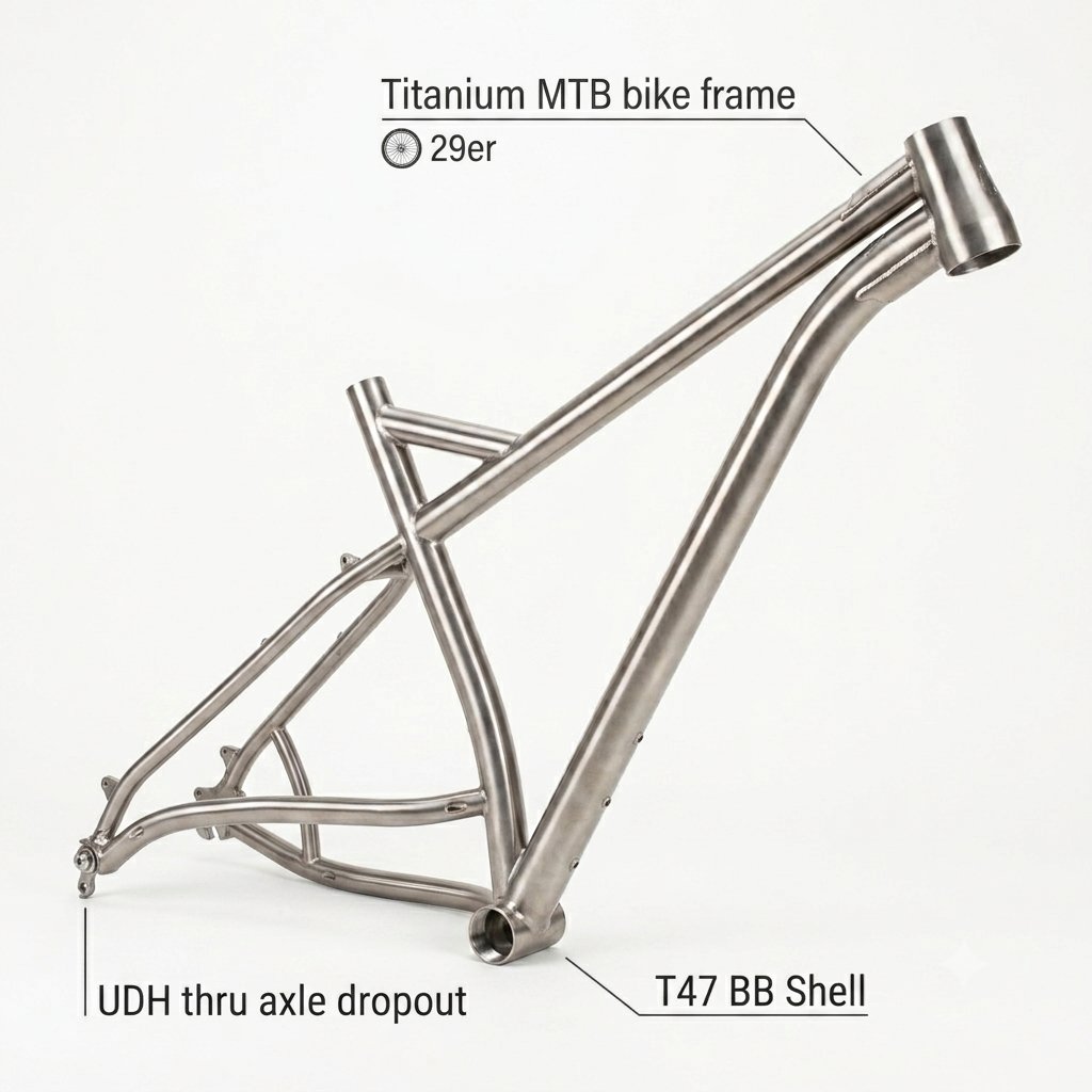 XACDalisa's tweet photo. Custom Titanium 19.5” 29er MTB Frame
19.5” 29er frame is built for performance.  T47 BB shell, tapered head tube,  internal routing, and a UDH thru-axle dropout 
contact us: Email xatw@tw-metal.com or WhatsApp +86 18291934244. #titaniumbikes #timtbbikes #mtbbikeframes  #udh #xacd https://t.co/Wt0wdkWQIf