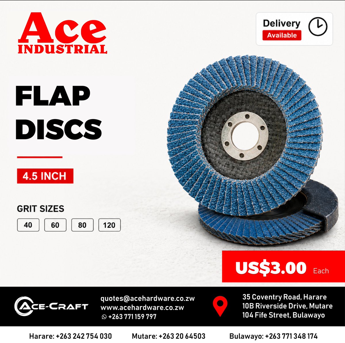 AceHardwarezim's tweet photo. Ace-Craft 4.5-inch Flap Discs are ideal for grinding, blending, rust removal and surface preparation on metal.

Available grit sizes: 40, 60, 80 &amp; 120
💰 US$3.00 each
🚚 Delivery available

Order today:
📞 +263 771 159 797
📧 quotes@acehardware.co.zw
🌐 https://t.co/fujcQBTA6e https://t.co/Kjpjohz1Jj