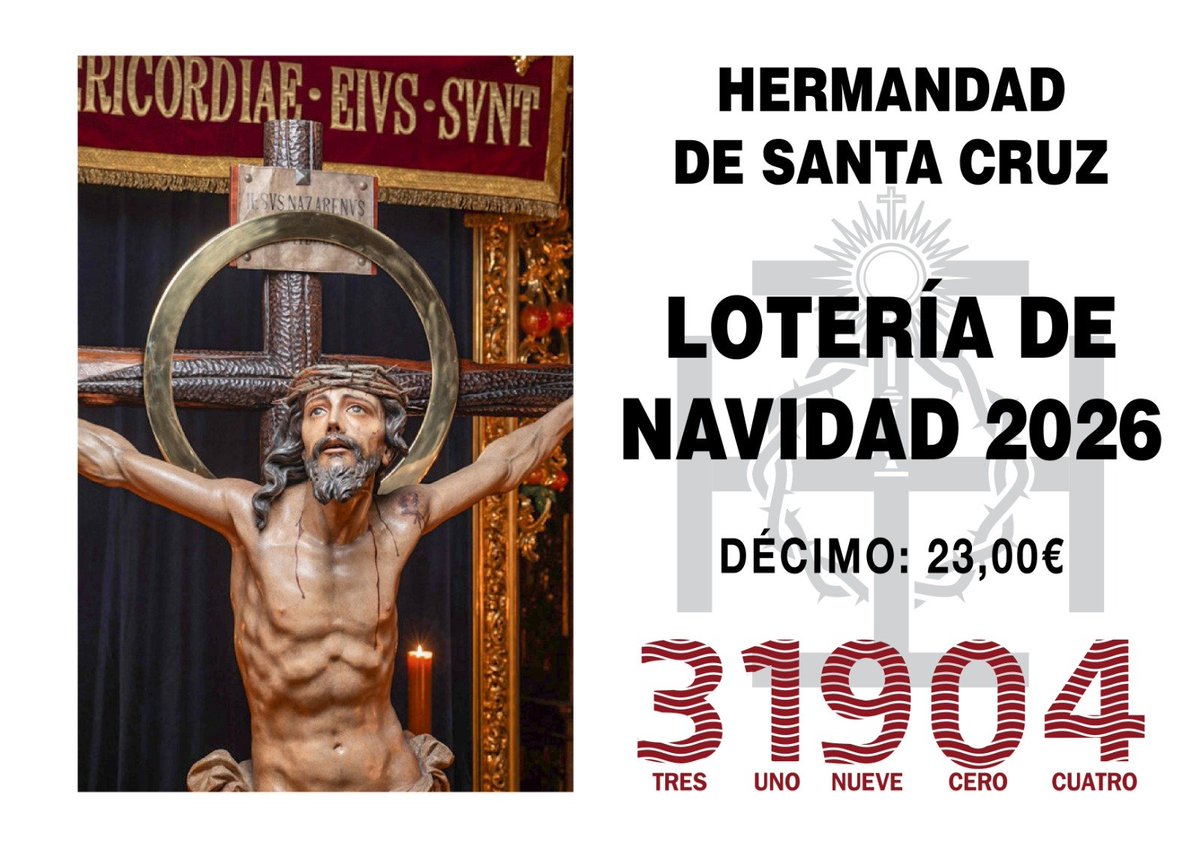 hdaddesantacruz's tweet photo. LOTERÍA DE NAVIDAD 

Este año 2026, en la Lotería Nacional del sorteo de Navidad, se jugarán los números: 31904 - 92665

Disponible en la Casa de Hermandad, o por correo electrónico en: mayordomia@hermandaddesantacruz.com

Donativo: 23€

Reservas hasta el día 15 de octubre. https://t.co/ypswbaSAyc