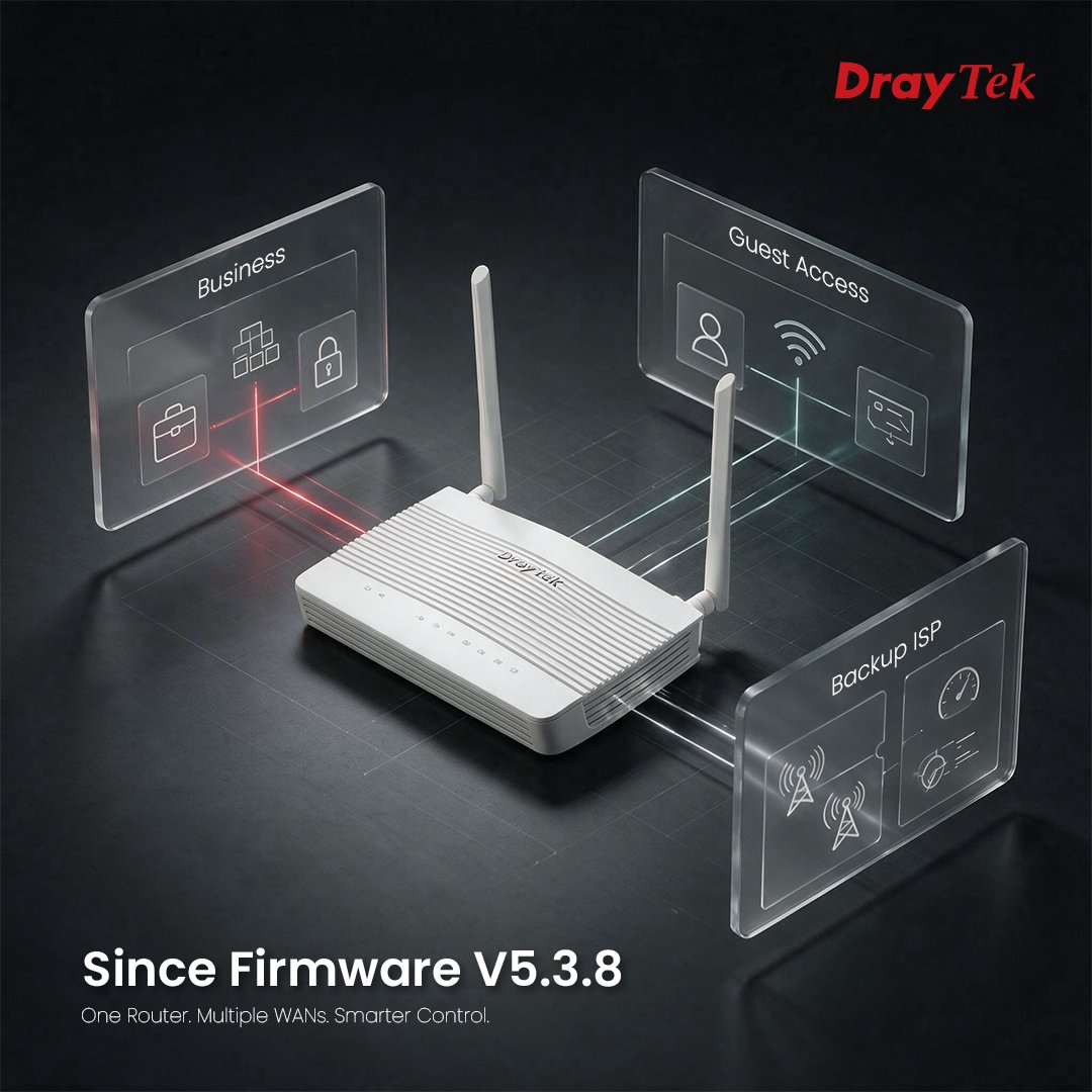 DrayTek_HQ's tweet photo. One Router. Multiple WANs. Smarter Control.

With Vigor2136 Series Firmware V5.3.8, you can now assign different Content Filtering policies to each WAN connection.

Whether separating business traffic, guest access, or dedicated ISP links, Vigor2136 gives you the flexibility to secure every connection with the right policy.

Highlights
Per-WAN content filtering
Flexible access control
Smarter multi-WAN management

One Router. Smarter Control.

#DrayTek #Vigor2136 #FirmwareUpdate #ContentFiltering #MultiWAN #NetworkSecurity #SMB #Cybersecurity