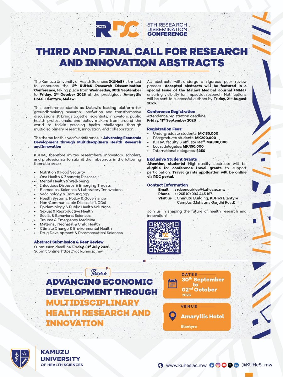 KUHeS_mw's tweet photo. THIRD AND FINAL CALL FOR RESEARCH AND INNOVATION ABSTRACTS 5TH KUHES RDC

Submission deadline: Friday, 31st July 2026
Submit Online: https://t.co/59GpfzvPwJ https://t.co/skA33ZGvRN