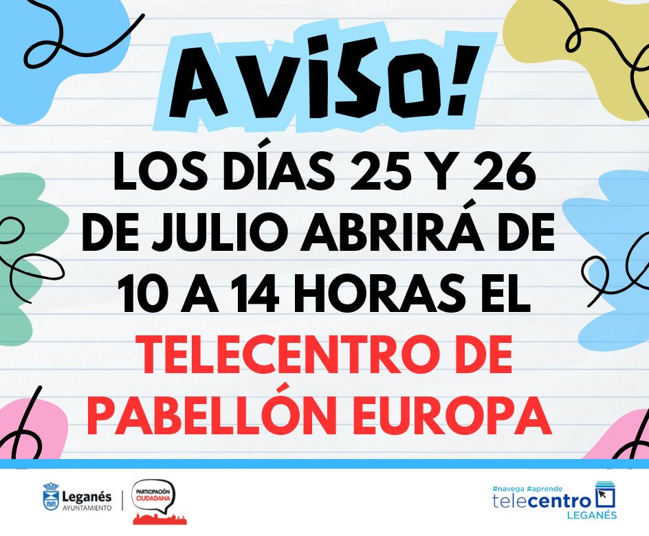 TelecentroLega1's tweet photo. ⚠️ AVISO IMPORTANTE⚠️
El Telecentro de Julián Besteiro permanecerá cerrado hasta nuevo aviso. Este fin de semana abrirá de forma extraordinaria el Telecentro de Pabellón Europa:
🗓️ Fechas: 25 y 26 de julio.
⏰ Horario: De 10:00 a 14:00.
📍 Lugar: Telecentro Pabellón Europa. https://t.co/hHHRZYSKz1