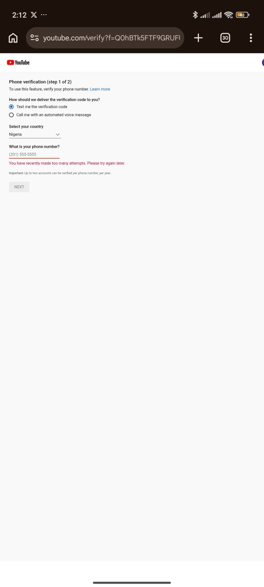uchechukwu2010's tweet photo. Hello @YouTubeCreators

I'm unable to verify my YouTube channel with a phone number. I've tried multiple valid phone numbers, different devices, and different browsers, but I keep getting the same verification error. Because of this, I can't complete the verification process. https://t.co/SiI1WbIieQ