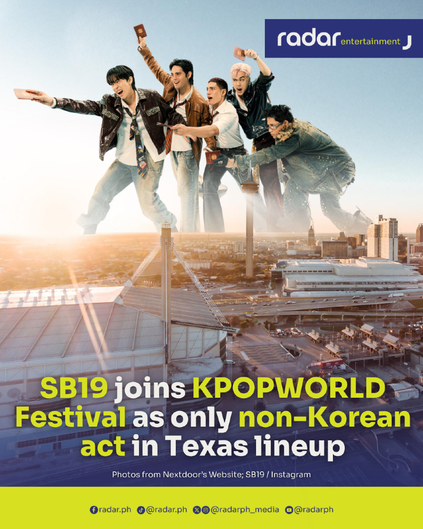 radarph_media's tweet photo. SB19 is showing no signs of slowing down as the P-pop Kings add another international stage to their already packed global schedule.

The five-member group has been announced as part of the lineup for the KPOPWORLD Festival & Worldwide Dance Competition, happening October 28 to 31 at the Alamodome in San Antonio, Texas.

Notably, SB19 is the only non-Korean act on the festival bill, joining artists including Jay Park, The Rose, Jessi, Dean & Tabber, Cravity, Xdinary Heroes, ARTMS, Heyoon, Wonho, and Dayoung.

The latest announcement comes as SB19 gears up for a series of major international appearances. The group is set to become the first Filipino act to perform at Lollapalooza on July 30, following a Global Spin Live performance at the GRAMMY Museum on July 28 and the ceremonial first pitch at the Chicago White Sox vs. New York Yankees MLB game on July 29.

Before heading to Chicago, SB19 and 1Z Entertainment will host a one-day-only pop-up event in Los Angeles featuring exclusive merchandise and Filipino food trucks. The group will then continue its global run with Summer Sonic in Japan and thanksgiving fan meets in both the U.S. and Japan.

Fans were quick to celebrate the new milestone, with many saying SB19’s calendar is proof that the group’s global expansion is only getting bigger.

(✍️: Denchelle Castro, 📷: KPOPWORLD Festival) 

#radarPHEntertainment #radarPH