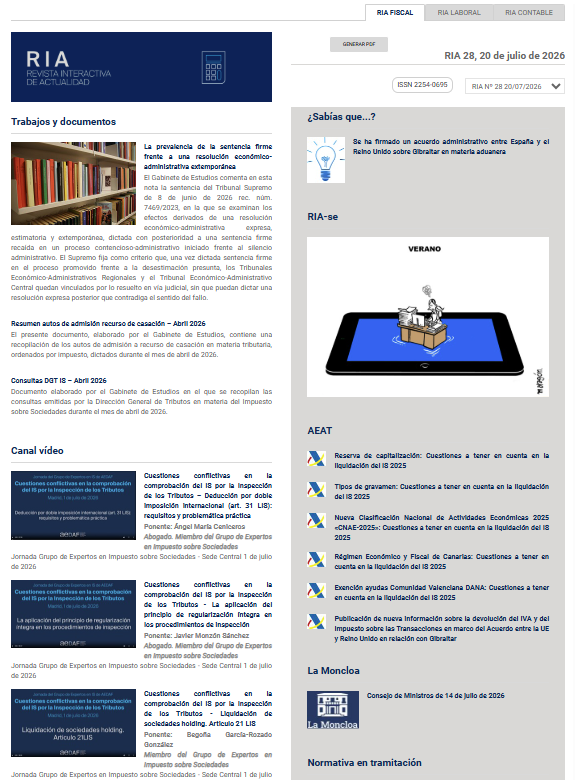 AEDAF's tweet photo. 📩 Nueva entrega de la Revista Interactiva de Actualidad | RIA 28-2026
 
En esta edición destacan, entre otros contenidos:

◆ La prevalencia de la #sentencia firme frente a una resolución económico-administrativa extemporánea.

◆ La recopilación de los #autos de admisión a recurso de casación en materia tributaria, ordenados por impuesto, dictados durante el mes de abril de 2026.

◆ Las consultas emitidas por la #DGT en materia del Impuesto sobre #Sociedades durante el mes de abril de 2026
___________________________

No te pierdas las últimas novedades en doctrina administrativa, jurisprudencia, resoluciones del #TEAC, consultas de la #DGT, legislación y otras publicaciones de interés de los principales organismos oficiales. 

Accede a todos los contenidos de la #RIA aquí🔗
https://t.co/CQGobw2oDy 

#AEDAFPublicaciones #Fiscalidad #TEAC #DGT #AsesoresFiscales #AEDAF