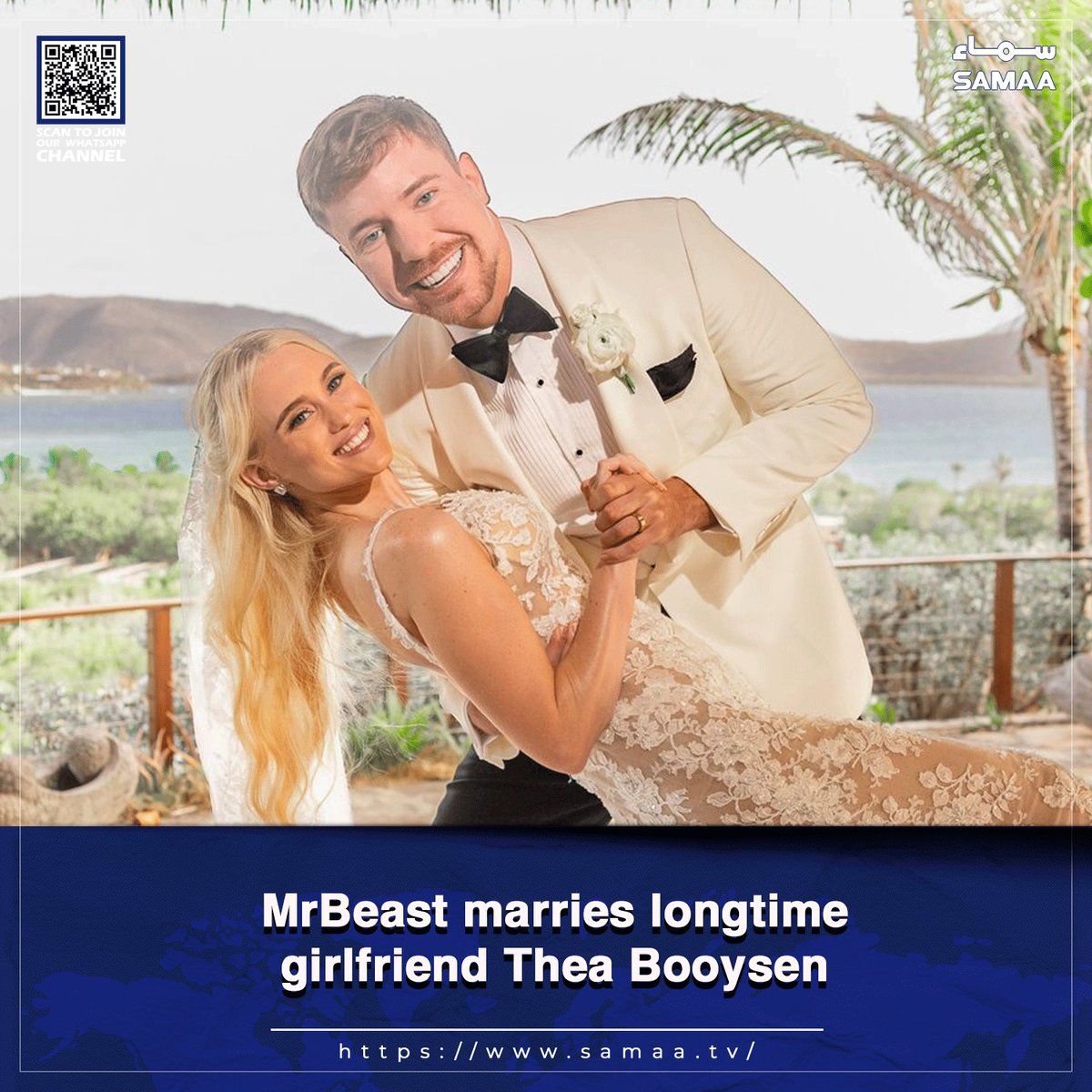 SamaaEnglish's tweet photo. YouTube star celebrates marriage to content creator and author after nearly four years together

Read more: https://t.co/mVaAS52PkV

#SamaaTV #MrBeast #TheaBooysen #MrsBeast #MrBeastWedding https://t.co/sSJ8IPuDql