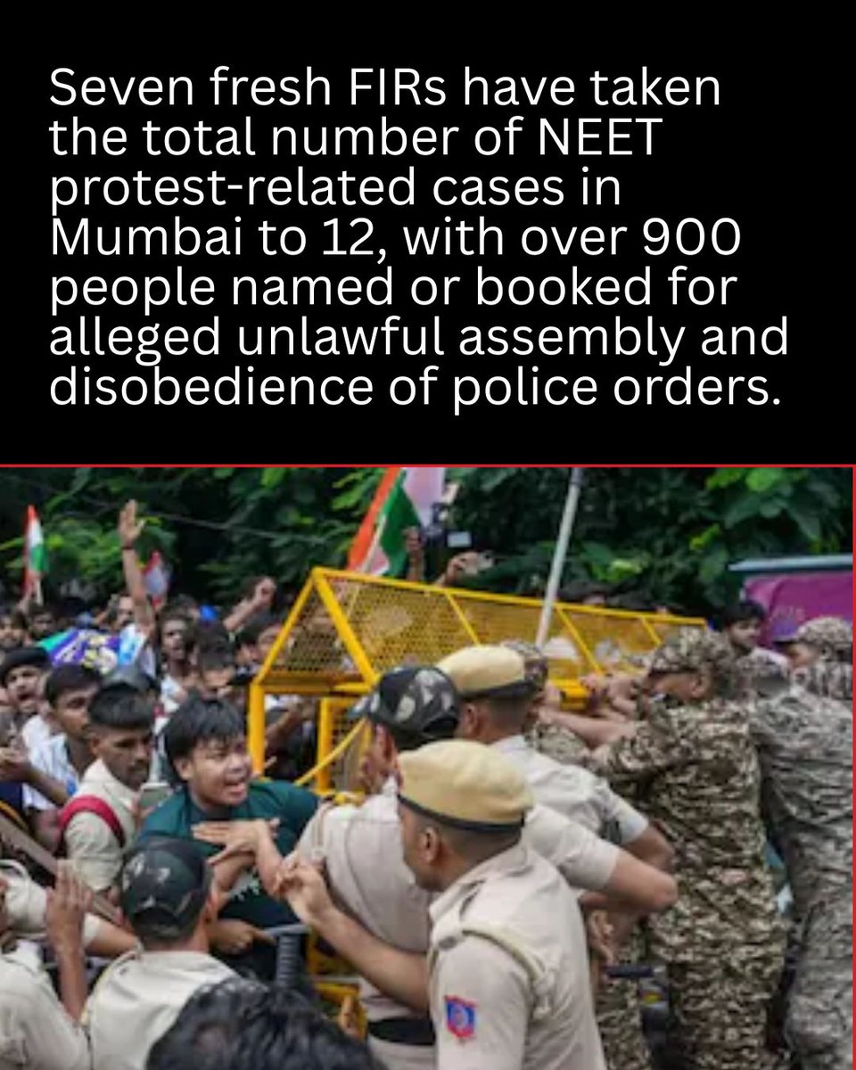 CNNnews18's tweet photo. Mumbai Police have begun issuing WhatsApp notices to nearly 300 participants, many of them students, directing them to appear before investigating officers after fresh FIRs were registered over the recent NEET protests. The notices, sent under Section 35(3) of the Bharatiya Nagarik Suraksha Sanhita (BNSS), require accused in offences punishable with less than seven years' imprisonment to cooperate with the investigation instead of being arrested.

The action comes a day after seven new FIRs were registered, taking the total number of cases linked to the Mumbai NEET protests to 12. According to police, more than 900 people have been named or booked, including hundreds of unidentified protesters. The FIRs relate to alleged unlawful assembly and disobedience of lawful orders, which are bailable offences carrying a maximum punishment of two years.

Police said the cases registered across multiple police stations will be transferred to Shivaji Park Police Station for investigation. Officials maintained that action was taken because the protests were allegedly held without permission, while organisers have alleged that several activists and youth leaders were detained even before the demonstrations began.

#Mumbai #MumbaiPolice #NEET #StudentProtest #BNSS