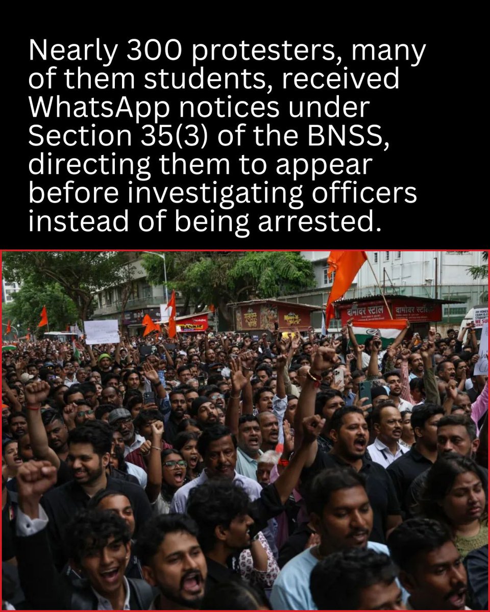 CNNnews18's tweet photo. Mumbai Police have begun issuing WhatsApp notices to nearly 300 participants, many of them students, directing them to appear before investigating officers after fresh FIRs were registered over the recent NEET protests. The notices, sent under Section 35(3) of the Bharatiya Nagarik Suraksha Sanhita (BNSS), require accused in offences punishable with less than seven years' imprisonment to cooperate with the investigation instead of being arrested.

The action comes a day after seven new FIRs were registered, taking the total number of cases linked to the Mumbai NEET protests to 12. According to police, more than 900 people have been named or booked, including hundreds of unidentified protesters. The FIRs relate to alleged unlawful assembly and disobedience of lawful orders, which are bailable offences carrying a maximum punishment of two years.

Police said the cases registered across multiple police stations will be transferred to Shivaji Park Police Station for investigation. Officials maintained that action was taken because the protests were allegedly held without permission, while organisers have alleged that several activists and youth leaders were detained even before the demonstrations began.

#Mumbai #MumbaiPolice #NEET #StudentProtest #BNSS