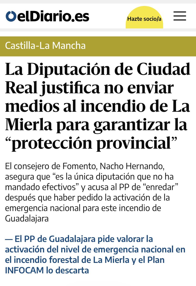 Sergio_GP's tweet photo. El comportamiento del presidente de la Diputación de Ciudad Real negando medios contra el incendio de Guadalajara, es antiEspaña. Le deben pedir la dimisión. 

Lección de boomerang cuando se ejerce el populismo: 

1. el @ppguadalajara pide activar el nivel 3  al grito de ¡más medios!  cuando la realidad es que el el mayor operativo de la historia con, por ejemplo, casi 30 medios aéreos.

2. Al mismo tiempo, el @PPCiudadReal1 ni siquiera contestaba a la petición de ayuda de la Junta y nunca envió ni un solo medio, ni un  bombero a ayudar en la extinción.

Cuando el fuego se apague, por coherencia e insolidaridad con el resto de españoles y de castellanomanchegos, @paconunez_, @PP_CLM y el @ppguadalajara deberían pedir la dimisión del presidente de la Diputación de Ciudad Real.

CLM ha estado siempre en Andalucía, en Madrid, en Aragón, en CYL, en Extremadura…como ahora esas comunidades nos ayudas a nosotros.

El comportamiento del presidente de la Diputación de Ciudad Real negando medios contra el incendio de Guadalajara, es antiEspaña. Le deben pedir la dimisión.