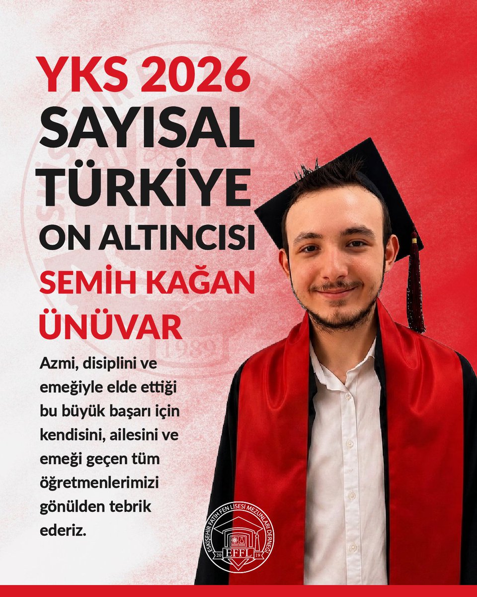 efflmezun's tweet photo. Büyük gurur! 🏆
Öğrencimiz Semih Kağan Ünüvar, 2026 Yükseköğretim Kurumları Sınavı’nda sayısal puan türünde Türkiye 16’ncısı olarak hepimizi gururlandırdı.
Kendisini, ailesini ve emeği geçen tüm öğretmenlerimizi gönülden tebrik ediyoruz.
#effl #efflkocamanbiraile #yks2026 https://t.co/SDdPCM8Ch4