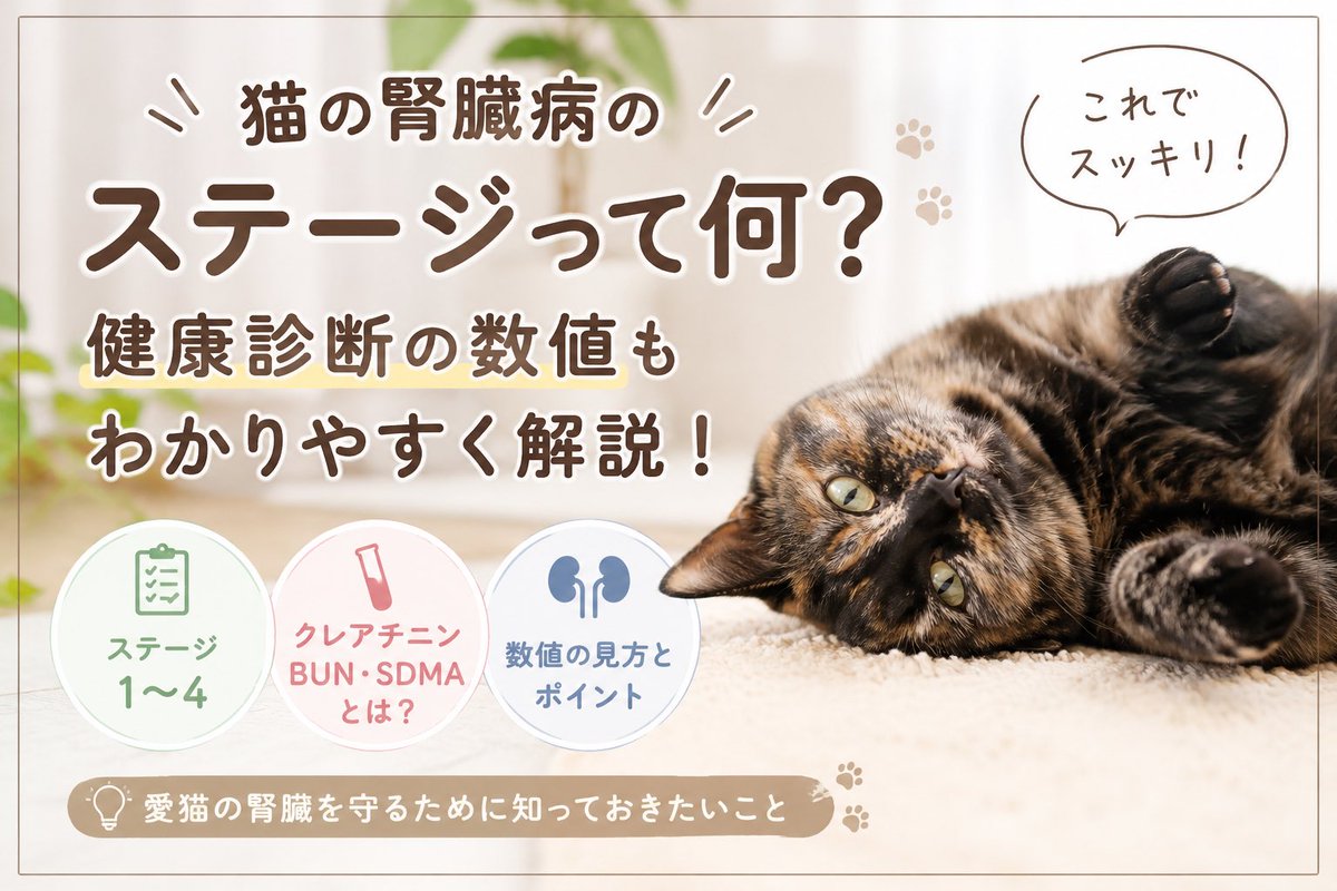 soineko_cat's tweet photo. 健康診断で「クレアチニンが高い」「ステージ2ですね」と言われて、不安になったことはありませんか？🐱

腎臓病のステージは、クレアチニンだけでなくSDMAや尿検査、血圧なども含めて総合的に判断されます。

詳しくはブログでご紹介しています🐾 https://t.co/8gSdL8AjHe
