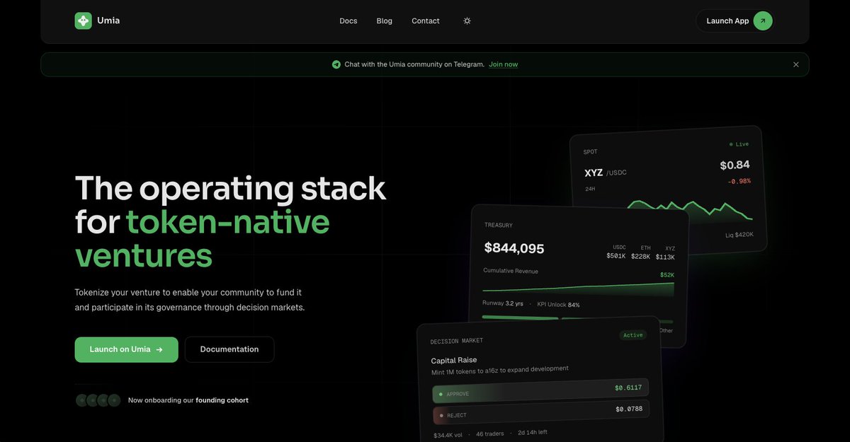 baseposting's tweet photo. SPOTLIGHT:

Umia (@umia_finance) is an all-in-one onchain venture creation layer on Base.

Founders will get everything they need to launch, fund, and govern a token-native project, including a legal wrapper, token, noncustodial treasury, decision-markets governance, and more. https://t.co/5XeU7E5tnX