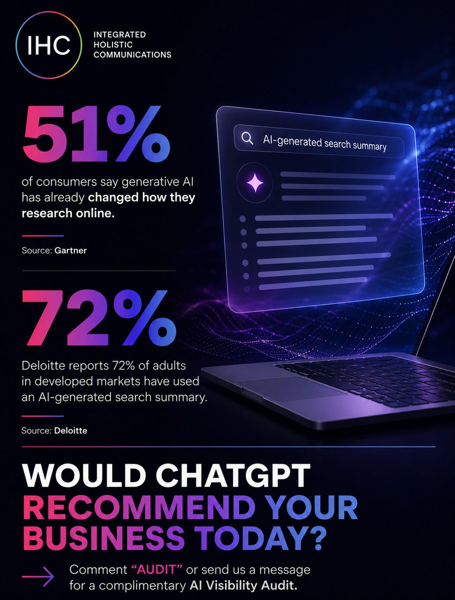 iHC_PR's tweet photo. Would ChatGPT recommend your business?

AI now relies on signals like media coverage, thought leadership, expert commentary, strong website content &amp; consistent messaging.

💬 Comment "AUDIT" or message us for a complimentary AI Visibility Audit.

🔗 https://t.co/FO5fmeFdoc

#GEO https://t.co/x8JWkGx1h0