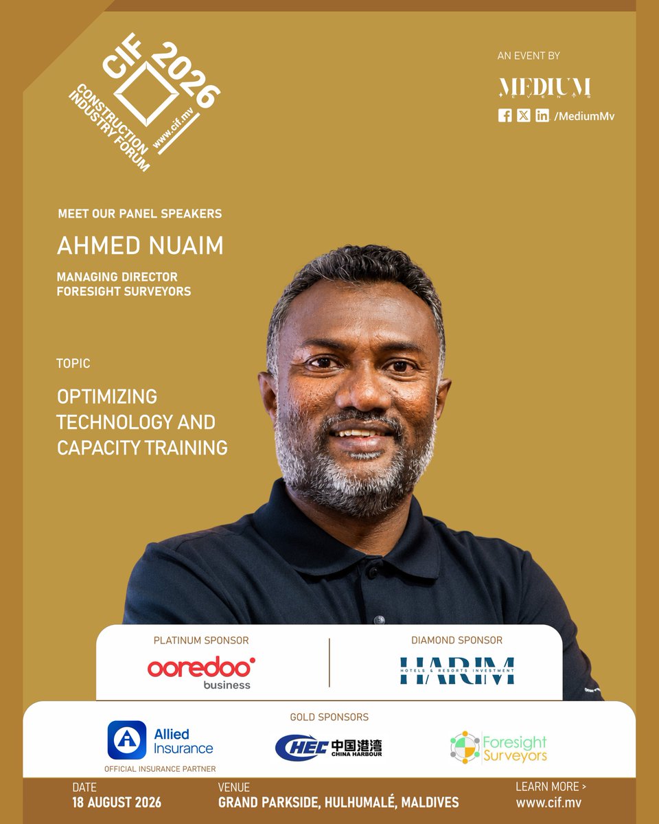 CIFMaldives's tweet photo. Meet the Panelists of the Construction Industry Forum 2026:

Mr. Ahmed Nuaim,
Managing Director, Foresight Surveyors Foresight Surveyors Pvt. Ltd. @FsSurveyors 

Topic: Optimizing Technology and Capacity Training https://t.co/fIjhTq9IIL