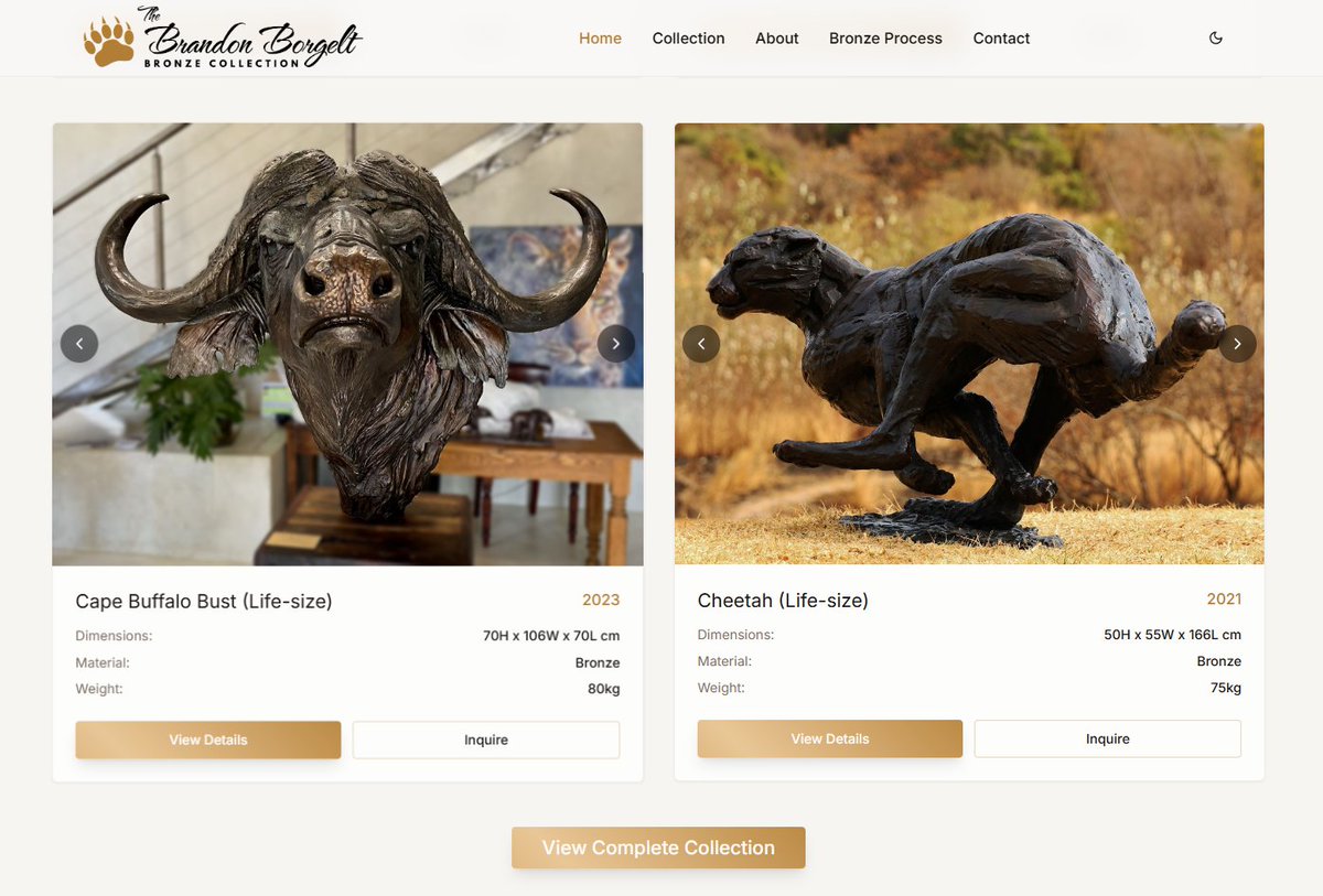 BrandonBronze's tweet photo. From life-size cheetahs mid-stride to eagles caught in flight, each piece is a testament to patience and craft.

Head over and explore the full collection, browse available pieces, and see the process behind the bronze.

👉 https://t.co/XSnDjDqoPG

#BronzeSculpture #WildlifeArt https://t.co/cefTTTvomW