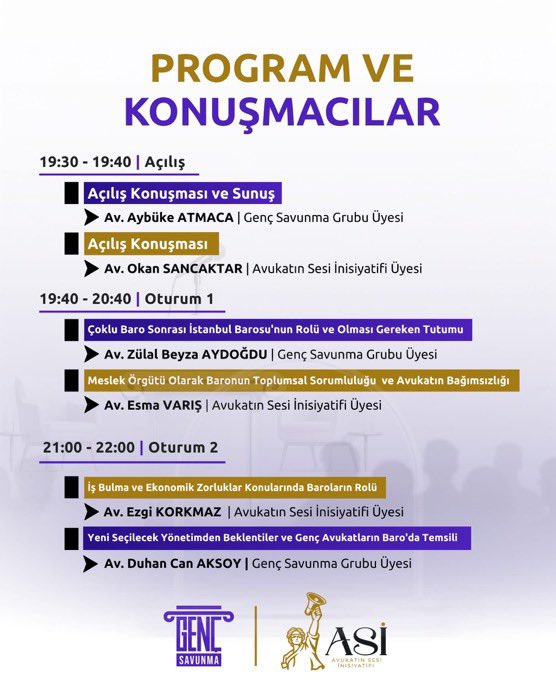 Asiavukatlarx's tweet photo. Genç Avukatlar Baronun Geleceğini Konuşuyor.

Avukatın Sesi İnisiyatifi ve Genç Savunma Grubu ortaklığıyla düzenlenen "Baronun Geleceği: Söz Genç Avukatlarda" panelimize davetlisiniz. 

​Mesleğimizin geleceğini, baroların toplumsal rolünü, ekonomik zorlukları ve genç avukatların temsiliyetini hep birlikte konuşuyoruz. 

Ortak panelimizde sadece konuşmacılar değil, tüm katılımcılar söz alarak fikir ve çözüm önerilerini sunabilecektir. 

​📍 Etkinlik Bilgileri
​📅 Tarih: 31 Temmuz Cuma
​⏰ Saat: 19:30
​🏢 Yer: İstanbul Barosu Galata Kültür Merkezi