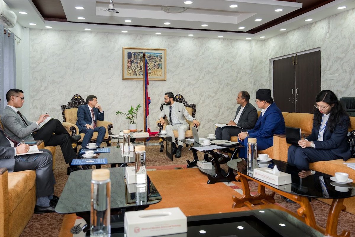 USEmbassyNepal's tweet photo. Education and sports are powerful foundations for Nepal’s future and the enduring partnership between our countries.

Yesterday, Chargé d’Affaires Scott Urbom met with Education and Sports Minister Sasmit Pokharel to discuss ways to further U.S.-Nepal cooperation. Minister Pokharel also reflected on how his experience studying in the United States shaped his perspective on education and public service.

The conversation highlighted the value of university and private-sector partnerships, as well as the role sports can play in supporting the broader education system and career development. We look forward to working together to expand opportunities for Nepal’s students and athletes and strengthen ties between our institutions and communities.