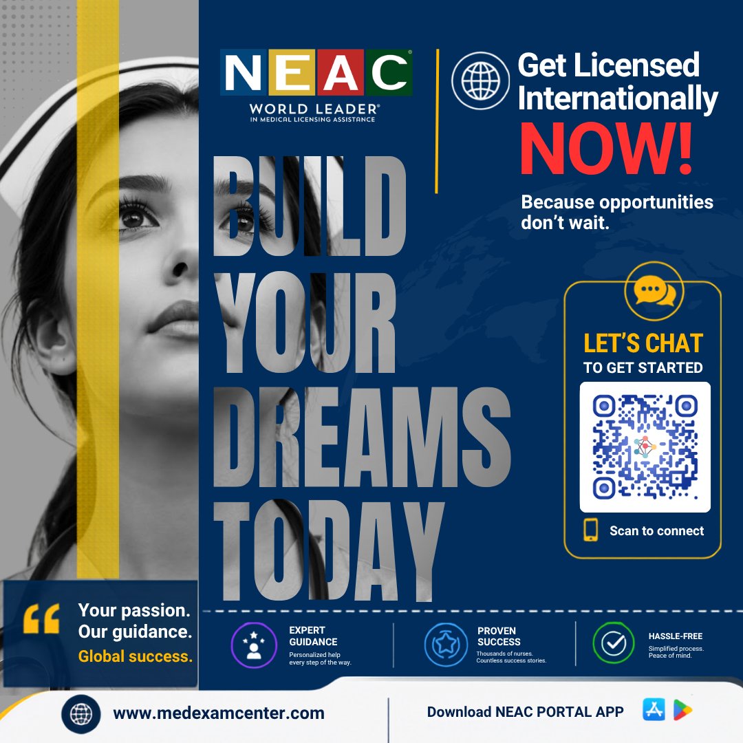 neacmedexams's tweet photo. Passion meets precision at NEAC. By providing expert guidance, NEAC turns professional drive into global success. 
Message NEAC today to turn your passion into a global career!

#NEAC #ProfessionalPassion #GlobalSuccess #MedicalLicensing #CareerGuidance #NurseSuccess https://t.co/h7cmpORl3G