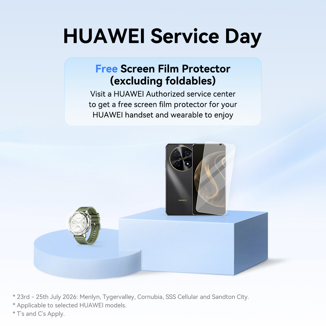 HuaweiZA's tweet photo. 📢📢Don’t let scratches ruin your phone’s shine!

Get a FREE screen protector when visiting a HUAWEI Service Center and keep your device looking flawless. Act fast—this offer is too good to miss!

Menlyn, Tygervalley, Cornubia, Sandton City and SSS Cellular: 23-25 July 2026

For more info: https://t.co/gHn6Zs0sb2

Only applicable to selected models
T's & C's apply