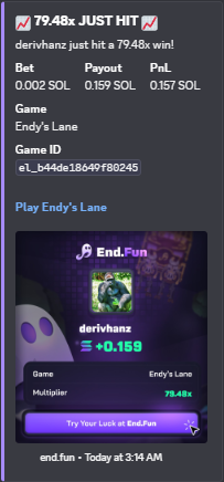 solprimeio's tweet photo. THE ENDY'S LANE CHALLENGE IS OFFICIALLY OVER

Congratulations to @Derivhanz334 for completing the challenge and taking the win! 🏆🔥

They managed to flip 0.002 SOL → 0.159 SOL. 👀📈

Insane run well played &amp; thank you for playing https://t.co/1kevEevagS! ❤️ https://t.co/vPoTYC5wT8