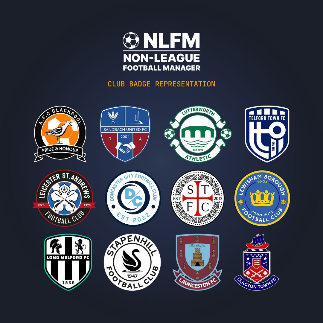 nlfm_game's tweet photo. Today's clubs all come from Step 6 of the Non-League pyramid.

Confirmed Club Badges: @AFCBlackpool @SandbachFC_1st @LutterworthAFC @TelfordTownFC @Standrewsbar @DoncasterCityFC @STFCseniors @LewishamBoroCFC @Longmelfordfc @StapenhillFC1 @LauncestonAFC @clactontown 

Every new badge helps bring the grassroots game to life in Non-League Football Manager.

Check whether your club's official badge is licensed:

🔗 https://t.co/3Ff1uxaF10