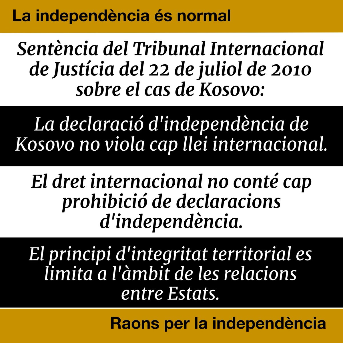 QuimTorraiPla's tweet photo. El 22 de juliol de 2010, arran del cas de Kosovo, el Tribunal Internacional de Justícia de la Haia sentencià que la declaració unilateral d’independència d'un país no vulnera cap llei internacional. #raonsperlaindependència https://t.co/JXnTkAW2jS