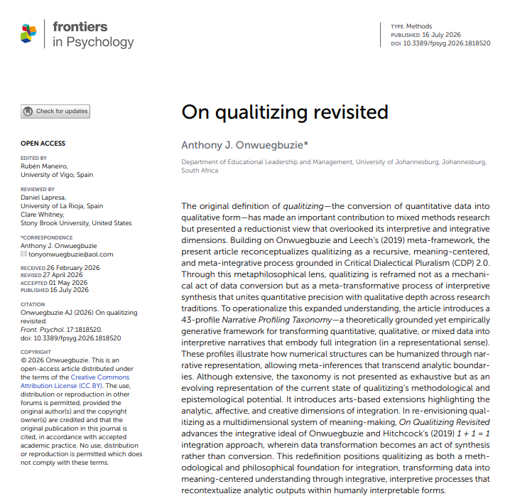 maneiroruben's tweet photo. Ha sido un placer editar el trabajo de Anthony Onwuegbuzie, referente mundial sobre Metodología científica. 
"On Qualitizing", aborda un tema fundamental: la transformación de datos cuantitativos en información cualitativa

Aquí el trabajo completo https://t.co/TyRnJk86Oi https://t.co/A7Bu5HWKff